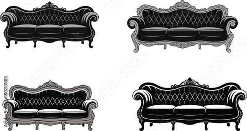 Black and white vintage sofa silhouette vector set with ornate carvings and tufted upholstery for furniture and interior design