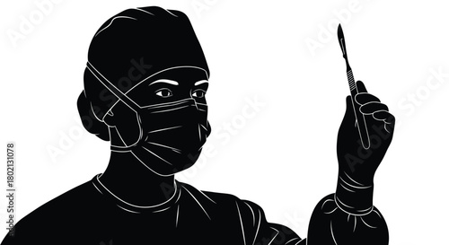 A black and white illustration depicting a surgeon with a scalpel