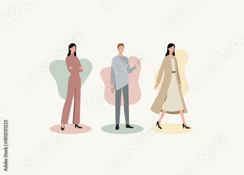 A featuring three diverse, full-body characters against a soft, neutral background. The central theme suggests professionalism, modern corporate culture, and stylish business attire.