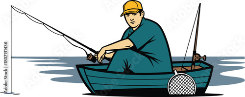 Man fishing in a small boat on the water