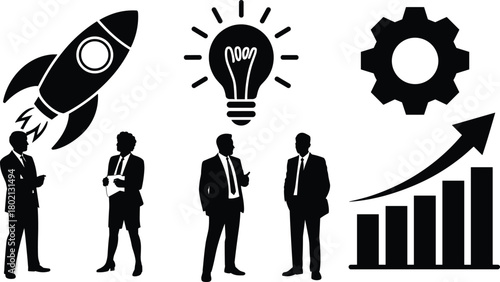 Business startup vector icons with rocket, idea bulb, teamwork silhouettes, gear settings, growth chart and corporate professionals in black silhouette style