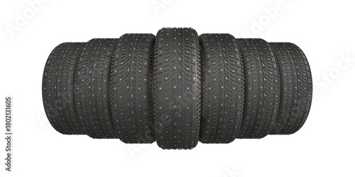 Studded car tire on white background. Isolated 3D illustration