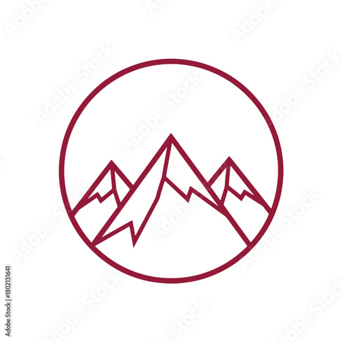Red mountain peaks inside a circular outline on white background summit range