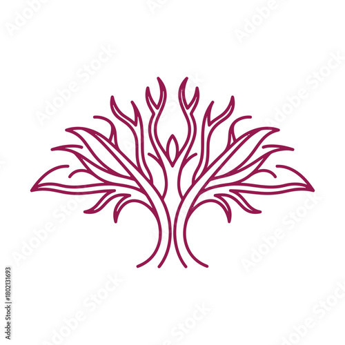Stylized tree silhouette with branching limbs and leaf-like shapes in deep pink outline magenta