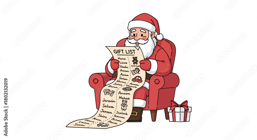 Obraz premium Santa claus sitting in a chair reading a long gift list with a present next to the chair
