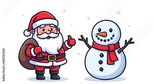 A cartoon of santa claus with a sack and a snowman on a white background with snowflakes falling