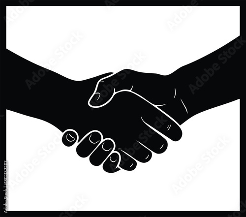 Successful business agreement depicted through a handshake in black and white vector illustration