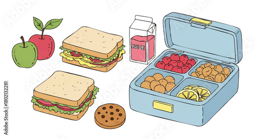 Illustration of a packed lunchbox with sandwiches, fruit, juice, cookies, and other snacks, arranged on a white background.