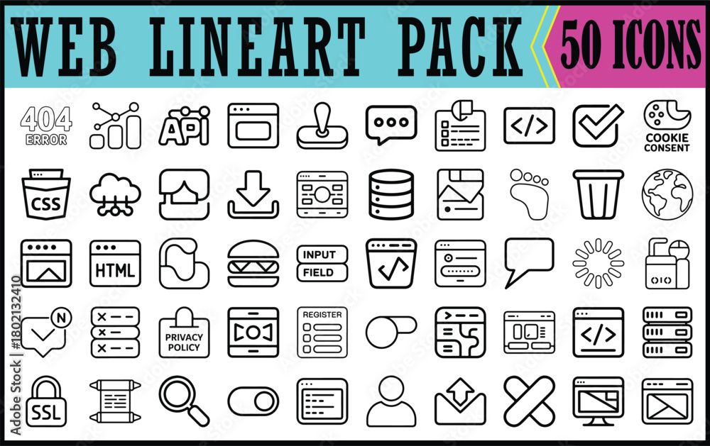 Fototapeta premium Web Line Art Icons Pack for Digital Design, Clean line-style web icons pack featuring 50 symbols for UI, UX, coding, settings, communication, and interface design needs.