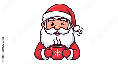 Cartoon santa claus winking and holding a steaming mug with a snowflake design on a white background