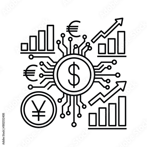 Digital currency and financial technology concept with global currency symbols and growth charts