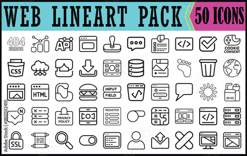Web Line Art Icons Pack for Digital Design, Clean line-style web icons pack featuring 50 symbols for UI, UX, coding, settings, communication, and interface design needs.

