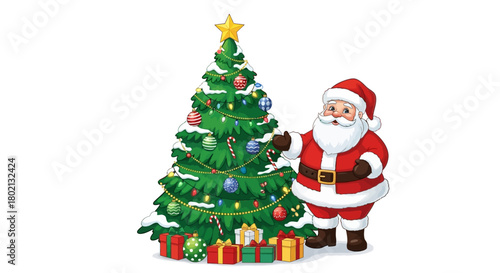 Santa claus is standing next to a christmas tree with gifts and ornaments on a white background