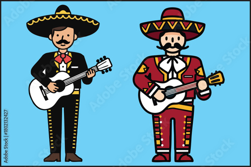 Smiling Mariachi Musicians Playing Guitar Illustration Set