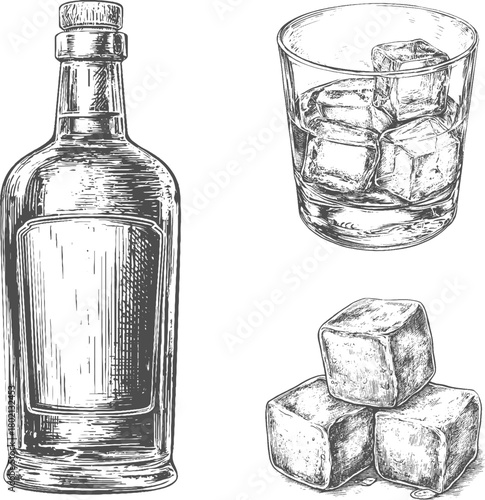 Set illustrations of whiskey isolated on transparent background. Vector graphics