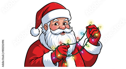 Santa claus holding christmas lights in his hands ready to decorate for the holiday season