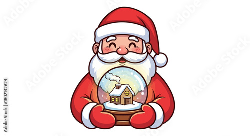 A cartoon santa claus holding a snow globe with a house inside on a white background illustration