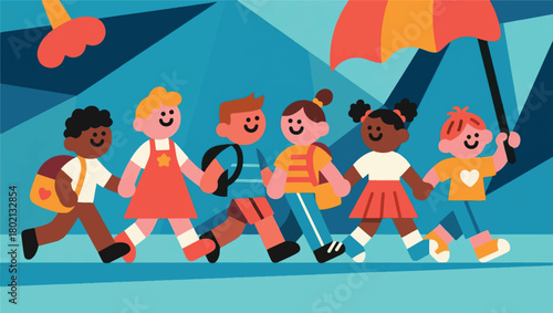 Illustration Of A Group Of Children Going To School Together While Holding Hands Vector Design Template