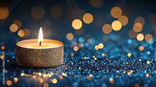 A golden, glittery candle burns bright against a backdrop of blue and gold bokeh lights