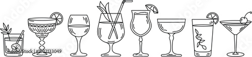 Cocktail glass silhouettes with garnishes, diverse drinkware styles including martini, coupe, tumbler, goblet, highball, wine, hurricane