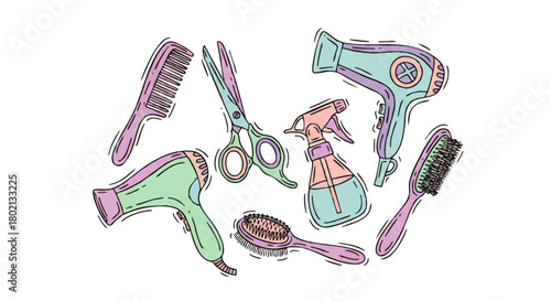A collection of illustrated hairdressing tools, including combs, scissors, hair dryers, spray bottle, and brushes, arranged on a white background.