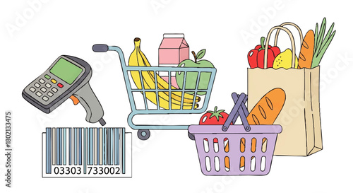 Illustration of a shopping cart and basket filled with groceries, a paper bag with produce, and a barcode scanner with a barcode, representing retail and shopping.
