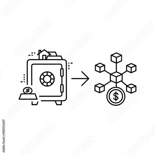 Safe with a house and coin going into a network of cubes with a coin