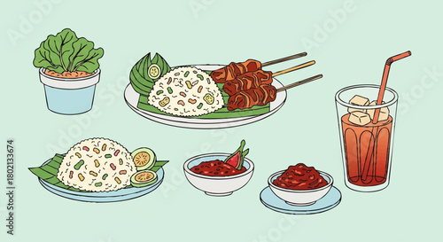 Illustration of Indonesian cuisine featuring satay skewers, rice with vegetables, chili sauce, and a refreshing drink, all presented on a light green background.