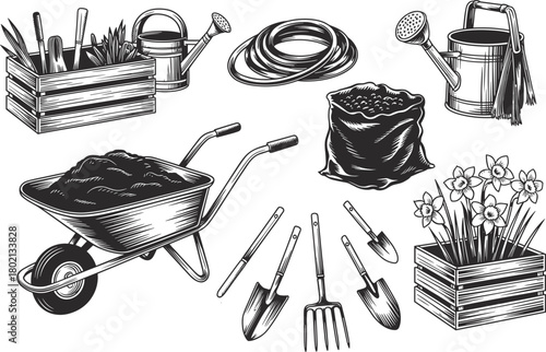 Gardening tools and supplies illustration set with wheelbarrow, watering cans, hand tools, and crate in black vector style