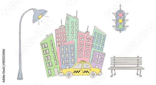 Cartoon illustration of a city scene with buildings, a yellow taxi, a street lamp, a traffic light, and a park bench on a white background.