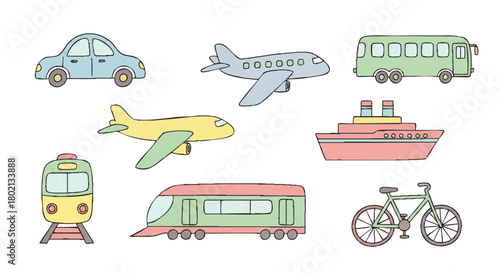 Illustration depicting various modes of transportation: car, airplane, bus, ship, train, subway, and bicycle, arranged on a white background.