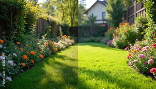 Photo editing before, after comparison of summer garden. Image shows color correction, retouching, enhancement results. Backyard with flowers, lawn transformed by photo editor. Vibrant, improved, pro