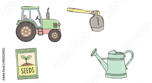 Illustrations of farming equipment, including a tractor, hoe, watering can, and seed packet.