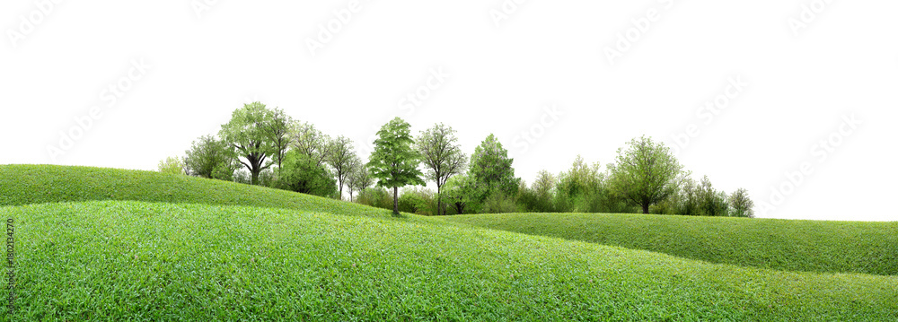 Fototapeta premium green grass field/serene green meadow with gently rolling hills and a line of lush trees under a bright, open sky, showcasing peaceful natural scenery and fresh outdoor beauty