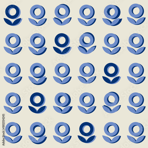 Blue floral geometric seamless pattern background. Abstract flowers with leaves. Vector template for modern design of fabric, wallpaper, wrapping, stationery, textile.