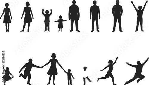 Silhouette people in motion and interaction, family group poses, children and adults standing, running, jumping, holding hands, social diversity