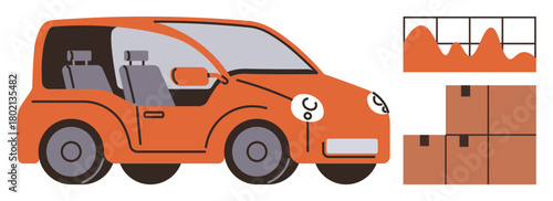 Orange compact car with two seats, data chart displaying trends, and stacked boxes for transportation. Ideal for delivery, logistics, trade, business, e-commerce, supply chain efficiency themes