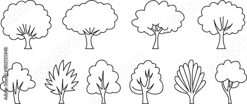 Stylized tree silhouettes in black and white, ten unique foliage and trunk designs for nature, garden, eco, landscape graphics