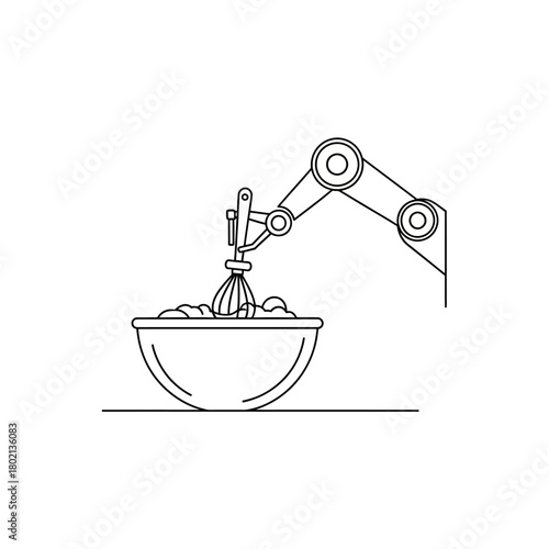 Robotic arm mixing ingredients in a bowl with a whisk, line art illustration.