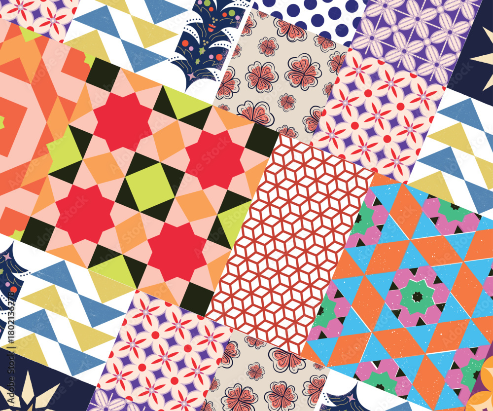 Obraz premium Trendy Colorful Floral Art Pattern with Geometric Leaf Motifs in Modern Seamless Vector Illustration