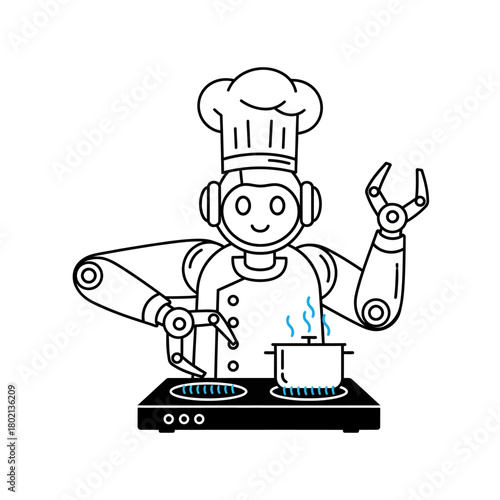 Robotic Chef Cooking on Stove with Chefs Hat and Robotic Arms.