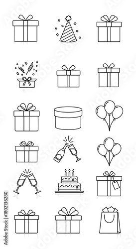 Simple Black and White Line Art Gift Boxes with Tied Ribbons and Bows.