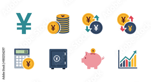 Currency and finance icons featuring yen in flat style for economic analysis