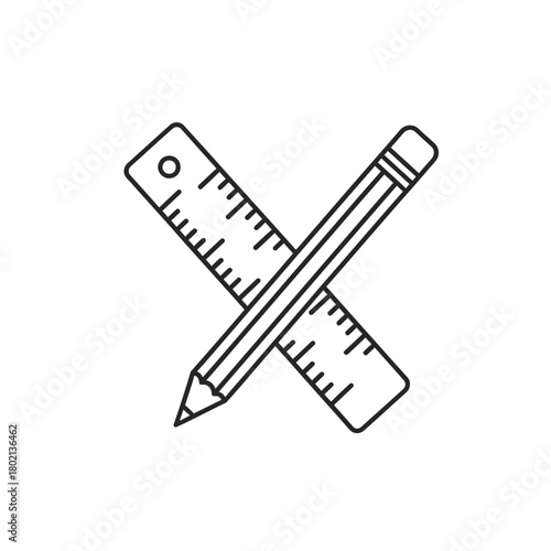 Simple black outline icon of a measuring ruler and a sharpened pencil crossed, illustrating design, education, and measurement tools.