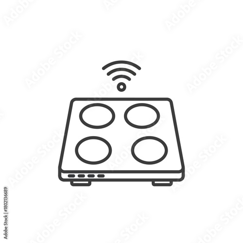 Smart electric cooktop with four burners and Wi-Fi symbol, minimalist line art icon.