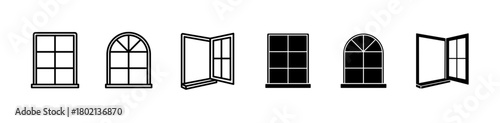 Windows icon set. Black open and close window symbol. Editable stroke. Vector illustration.