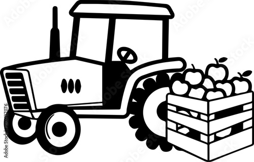 SVG vector illustration of a tractor carrying fruits.Tractor on Farm Road with Apple Trees and Baskets