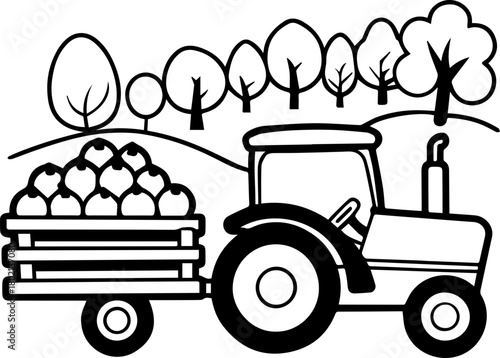 SVG vector illustration of a tractor carrying fruits.Tractor Amidst Apple Trees on Farm Landscape