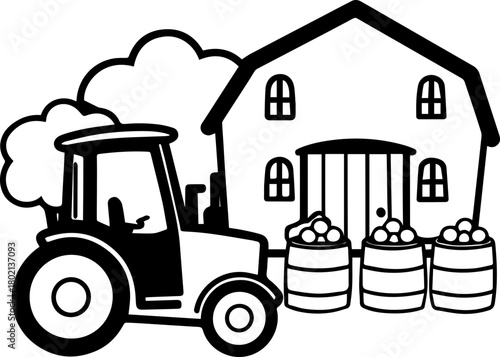 SVG vector illustration of a tractor carrying fruits.Tractor With Apples in Cart on Farm Landscape