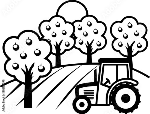 SVG vector illustration of a tractor carrying fruits.Tractor with Fruit Loader and Orchard Background